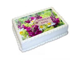 Badzo gruby opłatek na tort kwiaty urodziny napis
