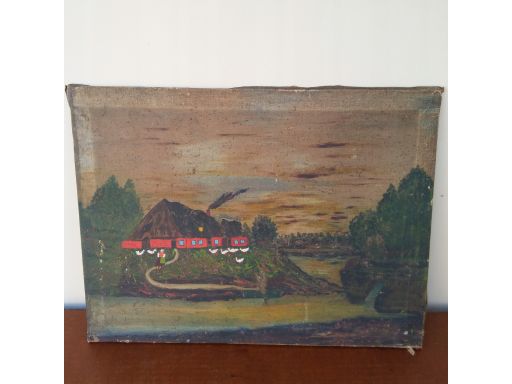 Stary obraz - czerwone chaty nad rzeką - olej